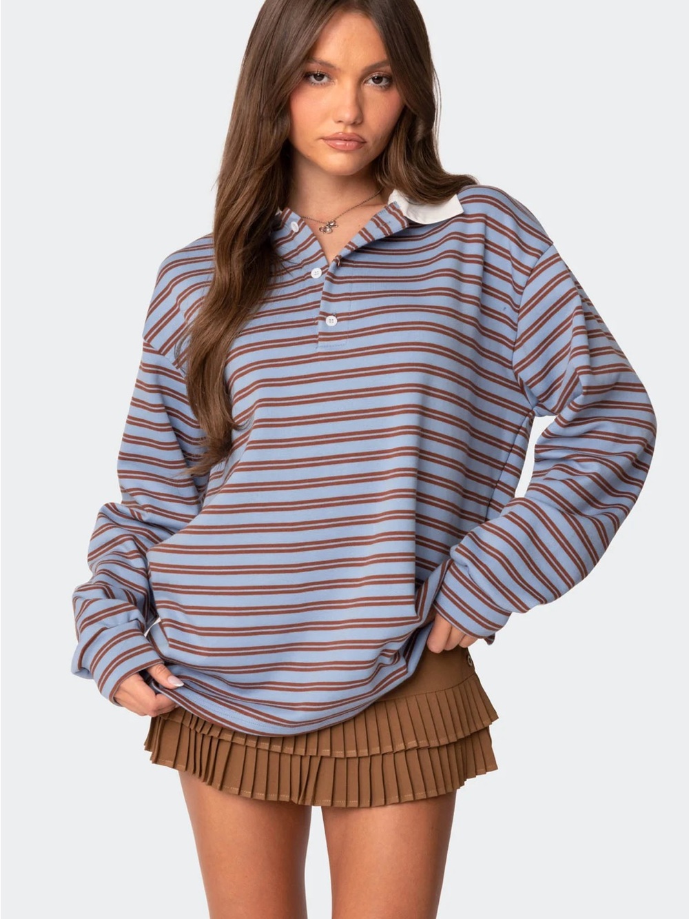 Edikted Striped Polo Sweatshirt Oversized - Light Blue & Brown